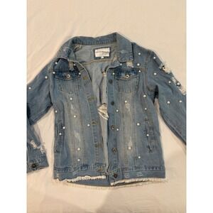 The Style Between Us Pearl Embellished Distressed Denim Jacket Blue Womens L